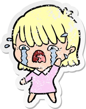 distressed sticker of a cartoon girl crying vector