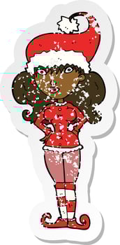retro distressed sticker of a cartoon santas helper woman vector
