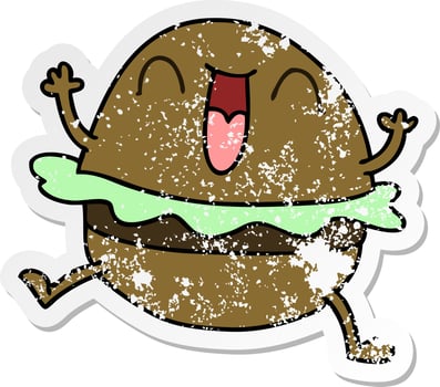distressed sticker of a quirky hand drawn cartoon happy burger vector