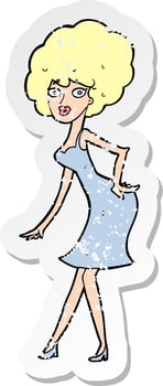 retro distressed sticker of a cartoon woman posing in dress vector
