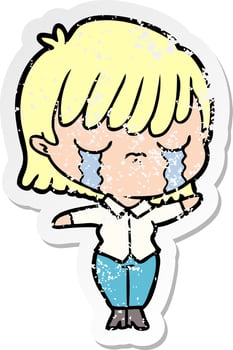 distressed sticker of a cartoon woman crying vector