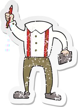 retro distressed sticker of a cartoon headless body with notepad and pen vector