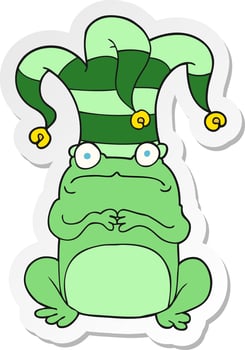 sticker of a cartoon nervous frog wearing jester hat vector