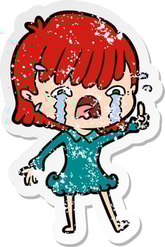 distressed sticker of a cartoon girl crying vector