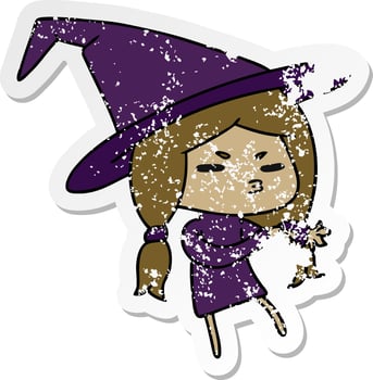 distressed sticker cartoon of a cute witch kawaii girl vector