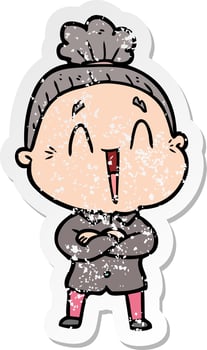 distressed sticker of a cartoon happy old lady vector