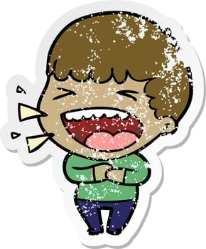 distressed sticker of a cartoon laughing man vector