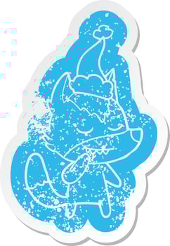 friendly cartoon distressed sticker of a wolf wearing santa hat vector