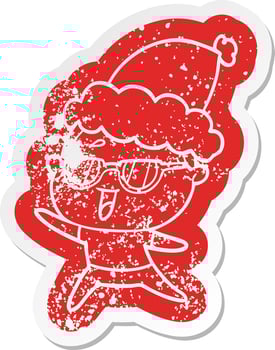 cartoon distressed sticker of a happy woman wearing spectacles wearing santa hat vector