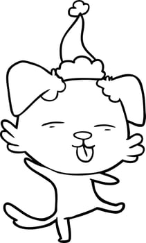 line drawing of a dancing dog wearing santa hat vector