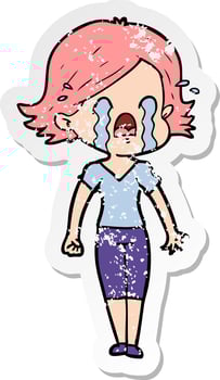 distressed sticker of a cartoon woman crying vector