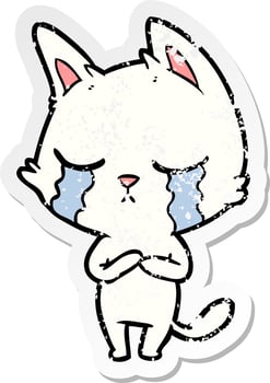 distressed sticker of a crying cartoon cat vector