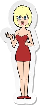 sticker of a cartoon confused woman in cocktail dress vector