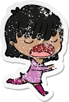 distressed sticker of a cartoon woman talking loudly vector