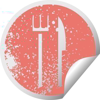 distressed circular peeling sticker symbol knife and fork vector