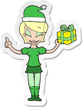 sticker of a cartoon woman with christmas present vector