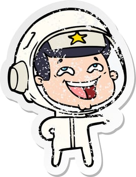 distressed sticker of a cartoon laughing astronaut vector