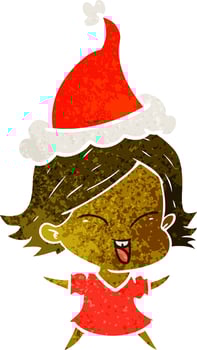 happy retro cartoon of a girl wearing santa hat vector