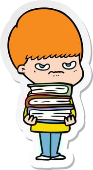 sticker of a angry cartoon boy with books vector