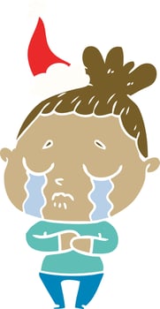 flat color illustration of a crying woman wearing santa hat vector