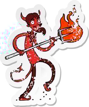 retro distressed sticker of a cartoon devil with pitchfork vector