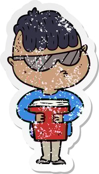distressed sticker of a cartoon boy wearing sunglasses vector