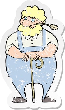 retro distressed sticker of a cartoon farmer leaning on walking stick vector