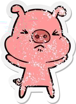 distressed sticker of a cartoon angry pig vector