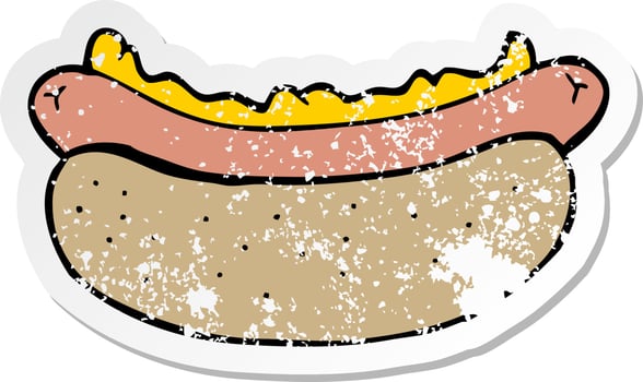 distressed sticker of a cartoon hotdog vector