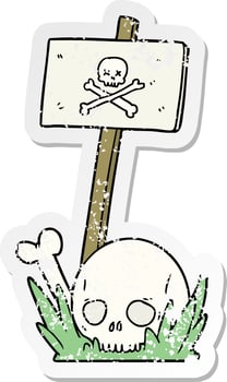 distressed sticker of a cartoon skull bones and warning sign vector