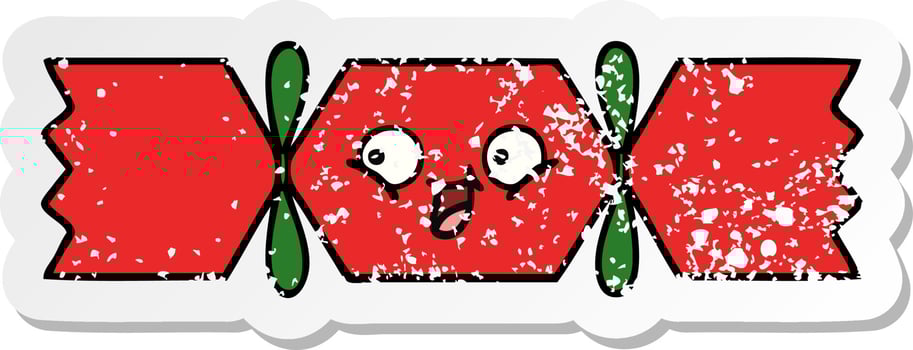 distressed sticker of a cute cartoon christmas cracker vector