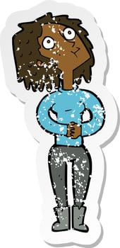 retro distressed sticker of a cartoon woman looking upwards vector