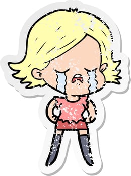 distressed sticker of a cartoon girl crying vector