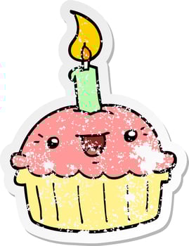distressed sticker of a cartoon cupcake with candle vector