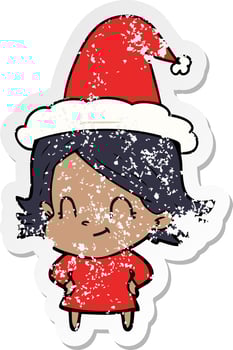 distressed sticker cartoon of a friendly girl wearing santa hat vector