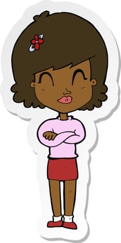 sticker of a cartoon happy woman with folded arms vector
