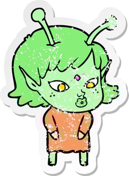 distressed sticker of a pretty cartoon alien girl vector
