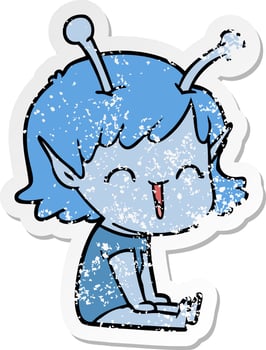 distressed sticker of a cartoon alien girl laughing vector