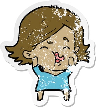 distressed sticker of a cartoon girl pulling face vector