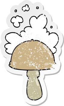 distressed sticker of a cartoon mushroom with spore cloud vector