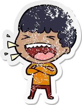 distressed sticker of a cartoon laughing man vector
