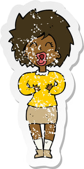 retro distressed sticker of a cartoon screaming woman vector