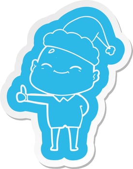 happy cartoon  sticker of a bald man wearing santa hat vector