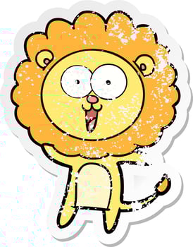 distressed sticker of a happy cartoon lion vector