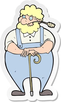 sticker of a cartoon farmer leaning on walking stick vector