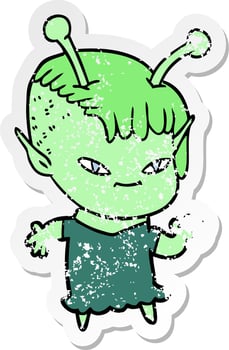 distressed sticker of a cute cartoon alien girl vector