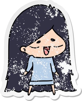 distressed sticker cartoon of cute kawaii long haired girl vector