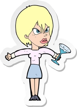 sticker of a cartoon woman with drink vector