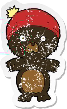 retro distressed sticker of a cartoon cute black bear in hat vector