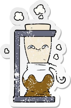 distressed sticker of a happy cartoon coffee pot vector